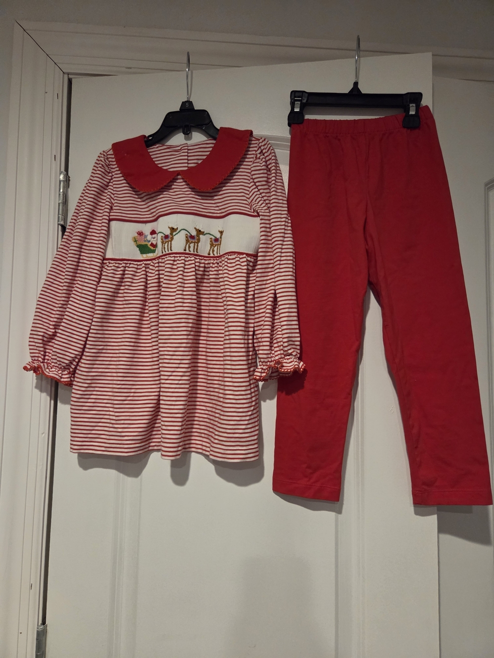 Stitchy Fish Red Striped Girls Set with Reindeer Smocking